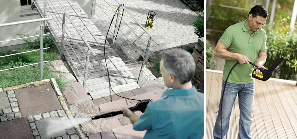 Vysokotlaká hadice 9 m, K3 - K7, H 9 Q Vysokotlaká hadice Quick Connect od společnosti Karcher Vysokotlaká hadice 9 m, K3 - K7, H 9 Q Vysokotlaká hadice Quick Connect od společnosti Karcher. Muž myjící schody. Muž připojující vysokotlakou hadici k pistoli