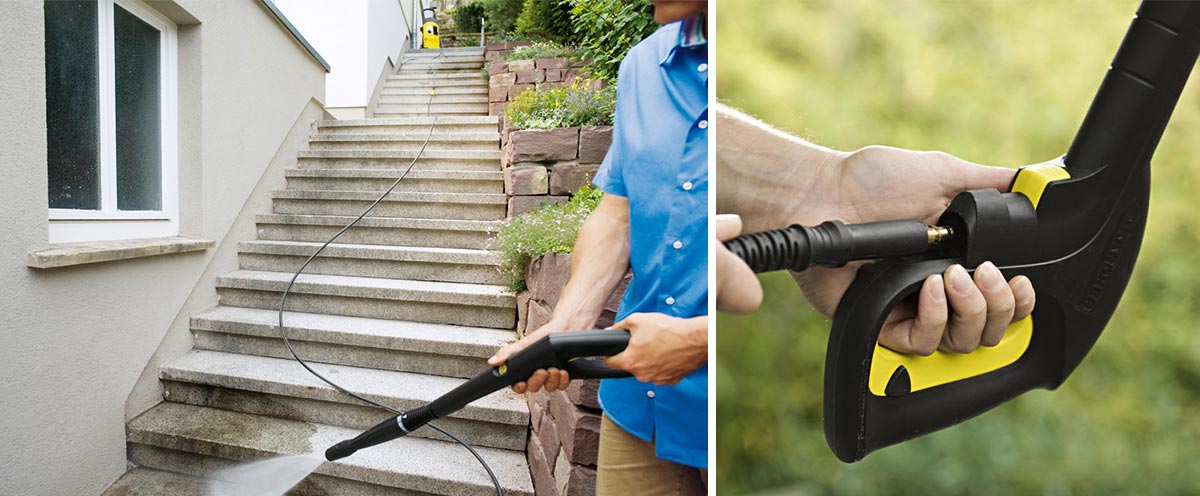Vysokotlaká hadice 9 m, K3 - K7, H 9 Q Vysokotlaká hadice Quick Connect od společnosti Karcher Vysokotlaká hadice 9 m, K3 - K7, H 9 Q Vysokotlaká hadice Quick Connect od společnosti Karcher. Muž myjící schody. Snímek ukazující zblízka připojení hadice k pistoli s funkcí Quick Connect.