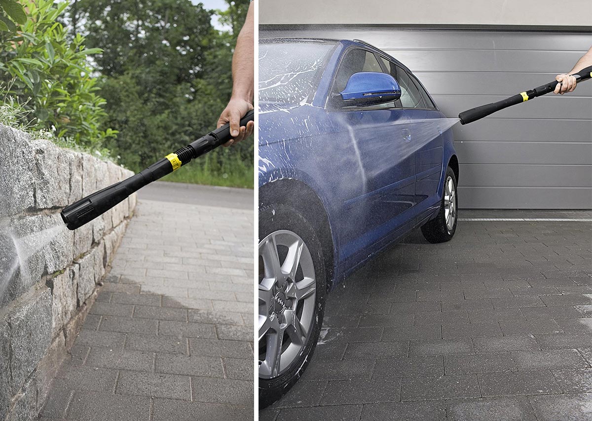 MP 145 Tryska Multi Power pro K 3 - K 5 od společnosti Karcher. Koláž fotografií. Mytí zídky z žulových kostek. Mytí auta.