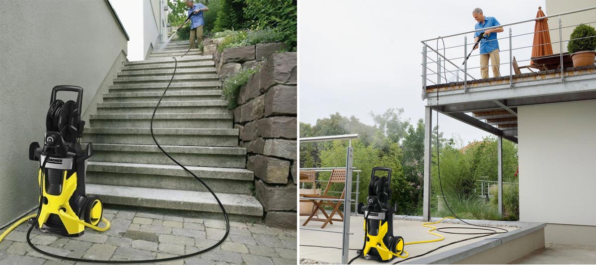 Prodlužovací hadice vysokotlakého čističe 10m pro K 3 - K 7 od společnosti Karcher Prodlužovací hadice vysokotlakého čističe 10m pro K 3 - K 7 od společnosti Karcher. Muž myjící schody. Muž myje podlahu na balkoně, čistič stojí na terase níže. Mezi pistolí a čističem je připojena prodlužovací vysokotlaká hadice.