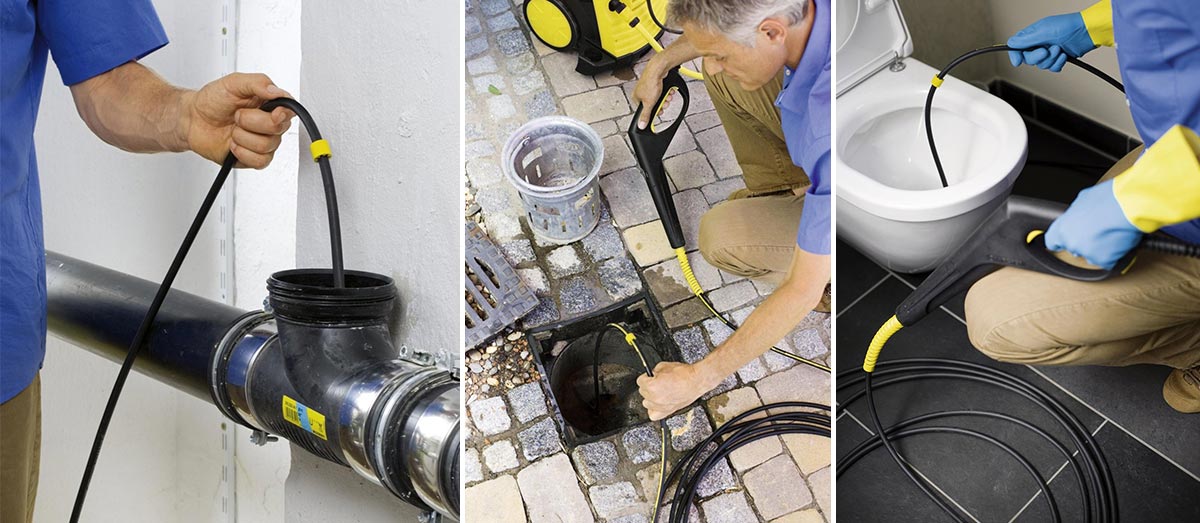 Sada na čištění okapů a potrubí pro K 2 - K 7, PC 20 Sada na zprůchodnění střešních okapů a potrubí od společnosti Karcher Sada na čištění okapů a potrubí pro K 2 - K 7, PC 20 Sada na zprůchodnění střešních okapů a potrubí od společnosti Karcher. Koláž fotografií. Zprůchodnění kanalizačního potrubí přes revizní vstup, zprůchodnění odtoku do jímky na dešťovou vodu, zprůchodnění toaletního odtoku.