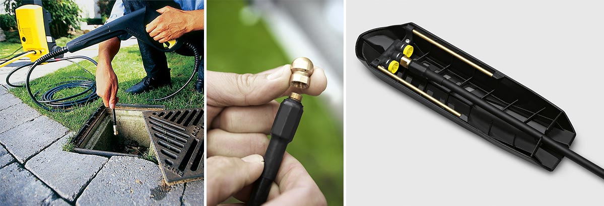 Sada na čištění okapů a potrubí pro K 2 - K 7, PC 20 Sada na zprůchodnění střešních okapů a potrubí od společnosti Karcher Sada na čištění okapů a potrubí pro K 2 - K 7, PC 20 Sada na zprůchodnění střešních okapů a potrubí od společnosti Karcher. Koláž fotografií. Detailní pohled na trysku pro zprůchodnění potrubí a sadu pro čištění okapů.
