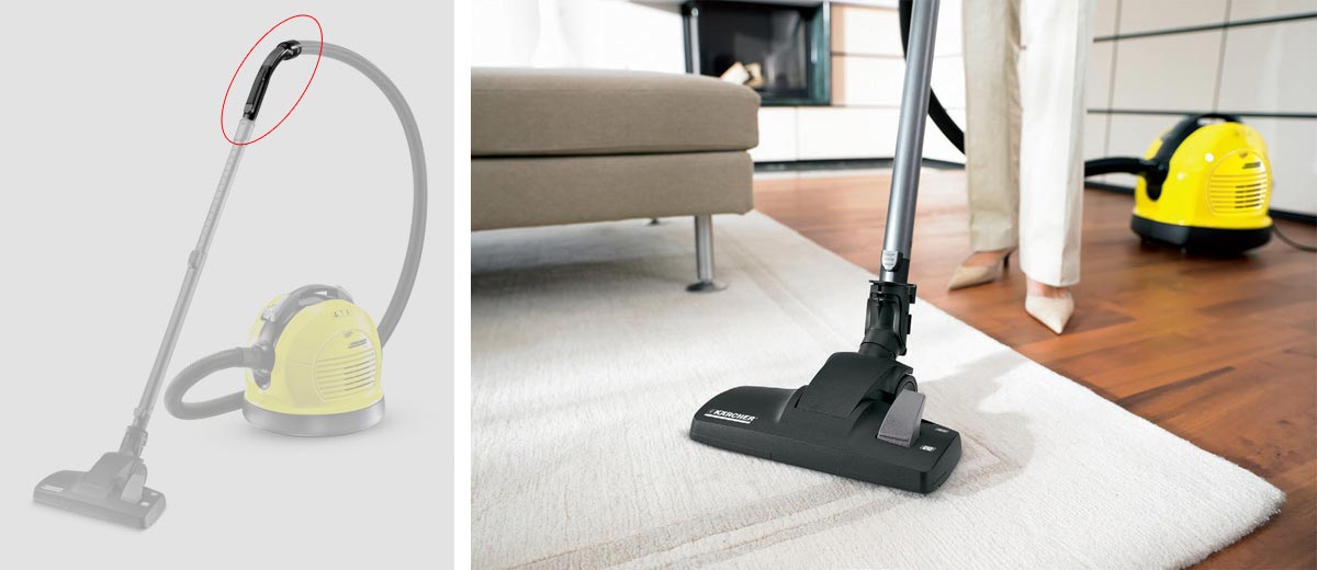 Koleno pro vysavače Karcher VC 6 místo montáže kolena ve vysavači a příklad vysávání s VC 6