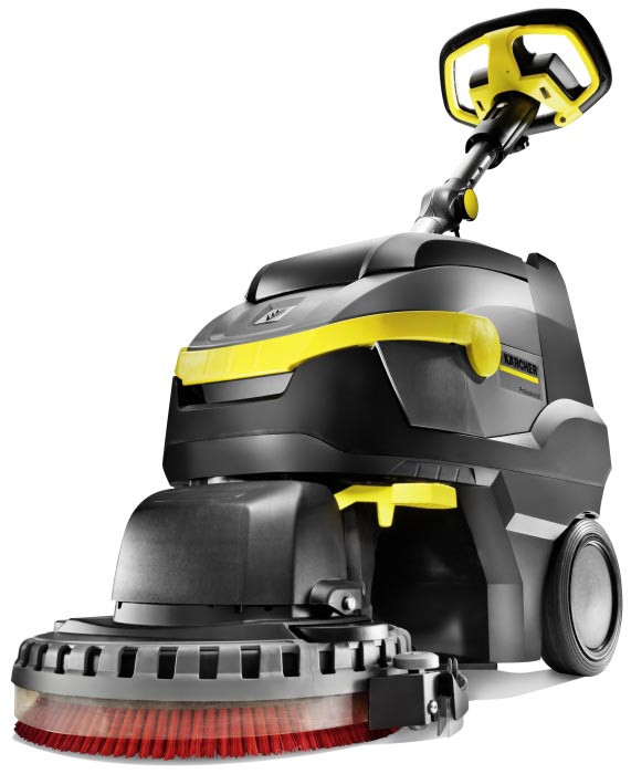Profesjonalne urządzenie do szorowania z prowadzeniem ręcznym BD 38/12 C Bp Pack firmy Karcher. Profesjonalne urządzenie do szorowania z prowadzeniem ręcznym BD 38/12 C Bp Pack firmy Karcher. Prezentowane w pozycji stojącej.