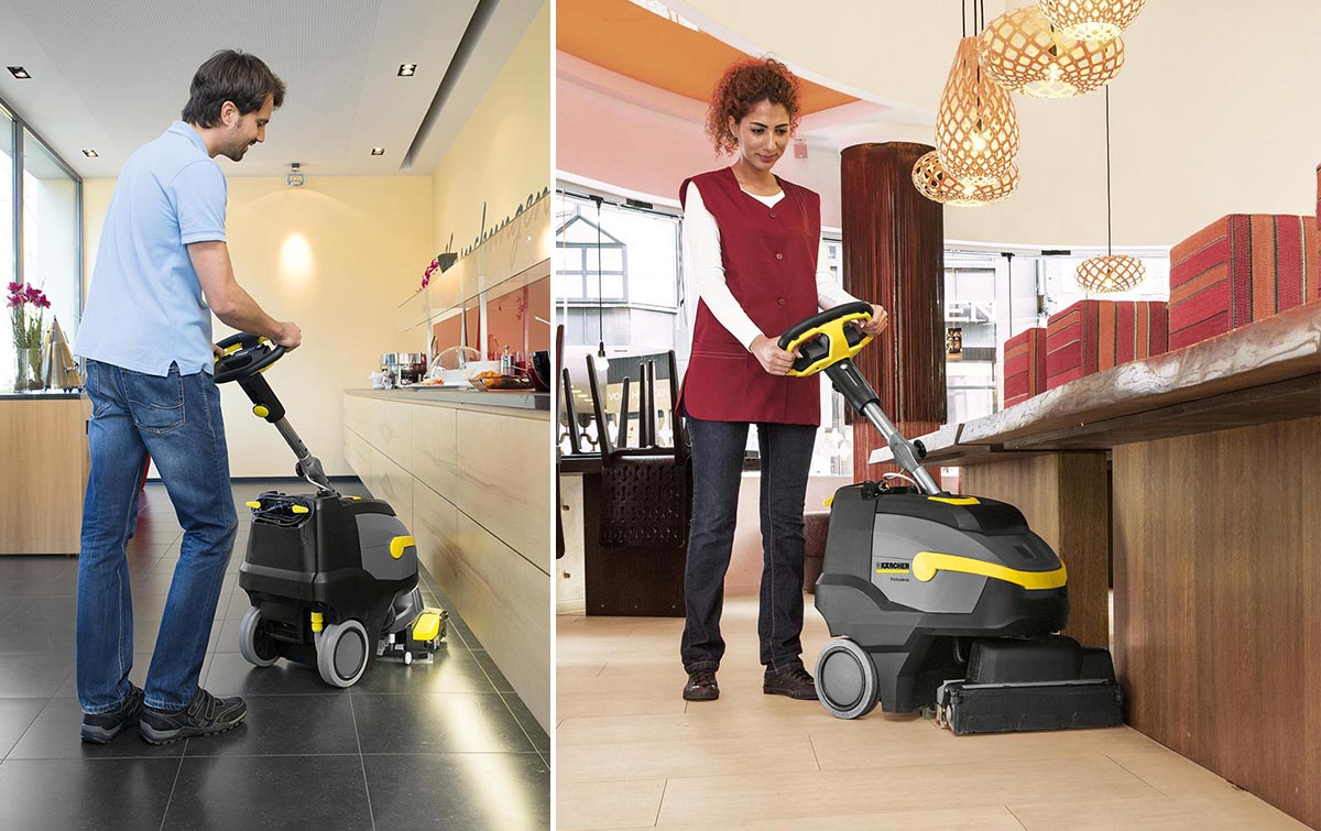 Profesionální bateriový podlahový mycí stroj BR 35/12 C Bp Pack od Karcher Profesionální, bateriové zařízení pro čištění koberců BR 35/12 C Bp Pack od Karcher. Koláž fotografií. Muž čistí podlahu v kuchyni v gastronomickém provozu pomocí BR 35/12 C Bp Pack od Karcher. Žena čistí podlahu pomocí BR 35/12 C Bp Pack v restauračním sále.