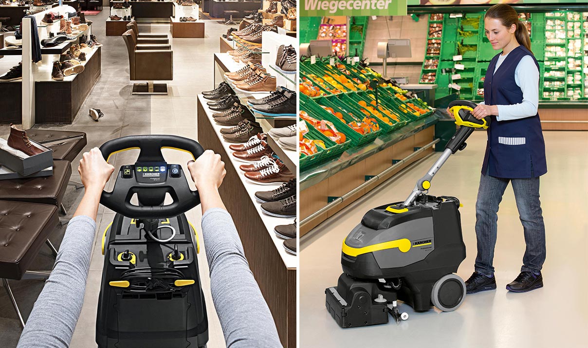 Profesionální, bateriové zařízení pro čištění koberců BR 35/12 C Bp Pack od Karcher. Koláž fotografií. Žena čistí podlahu v obchodě s obuví. Žena čistí podlahu v supermarketu pomocí BR 35/12 C Bp Pack od Karcher.
