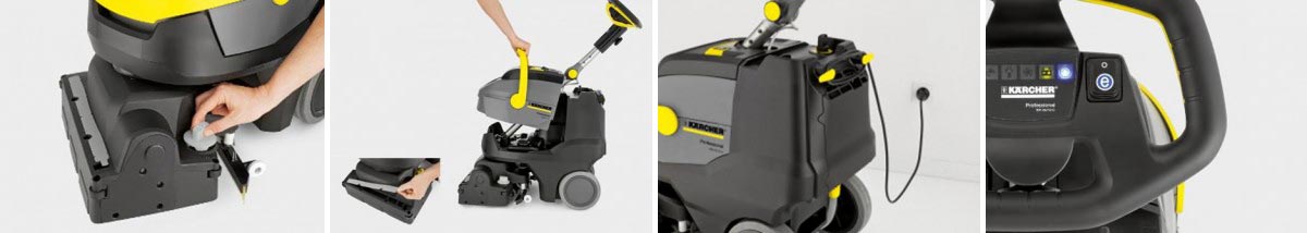 Profesionální bateriový podlahový mycí stroj BR 35/12 C Bp Pack od Karcher Profesionální, bateriové zařízení pro čištění koberců BR 35/12 C Bp Pack od Karcher. Koláž fotografií představujících funkce mycího stroje BR 35/12 C Bp Pack od Karcher.