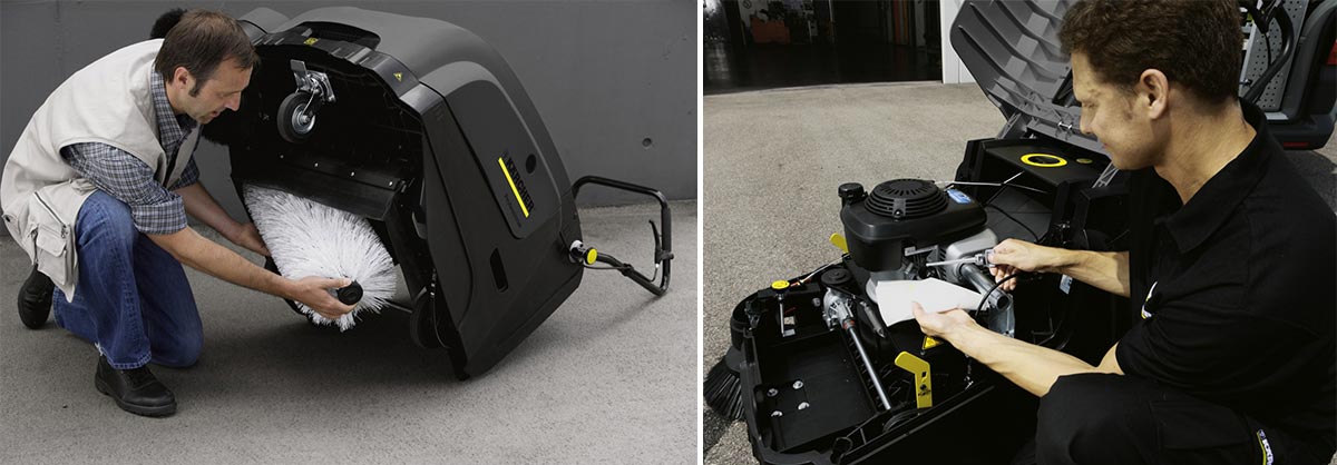 Profesionální ruční zametací stroj KM 75/40 W Bp od Karcher s elektrickým motorem. Profesionální ruční zametací stroj KM 75/40 W Bp od Karcher s elektrickým motorem. Muži během servisních prací profesionálního zametacího stroje KM 75/40 W Bp vyráběného firmou Karcher.